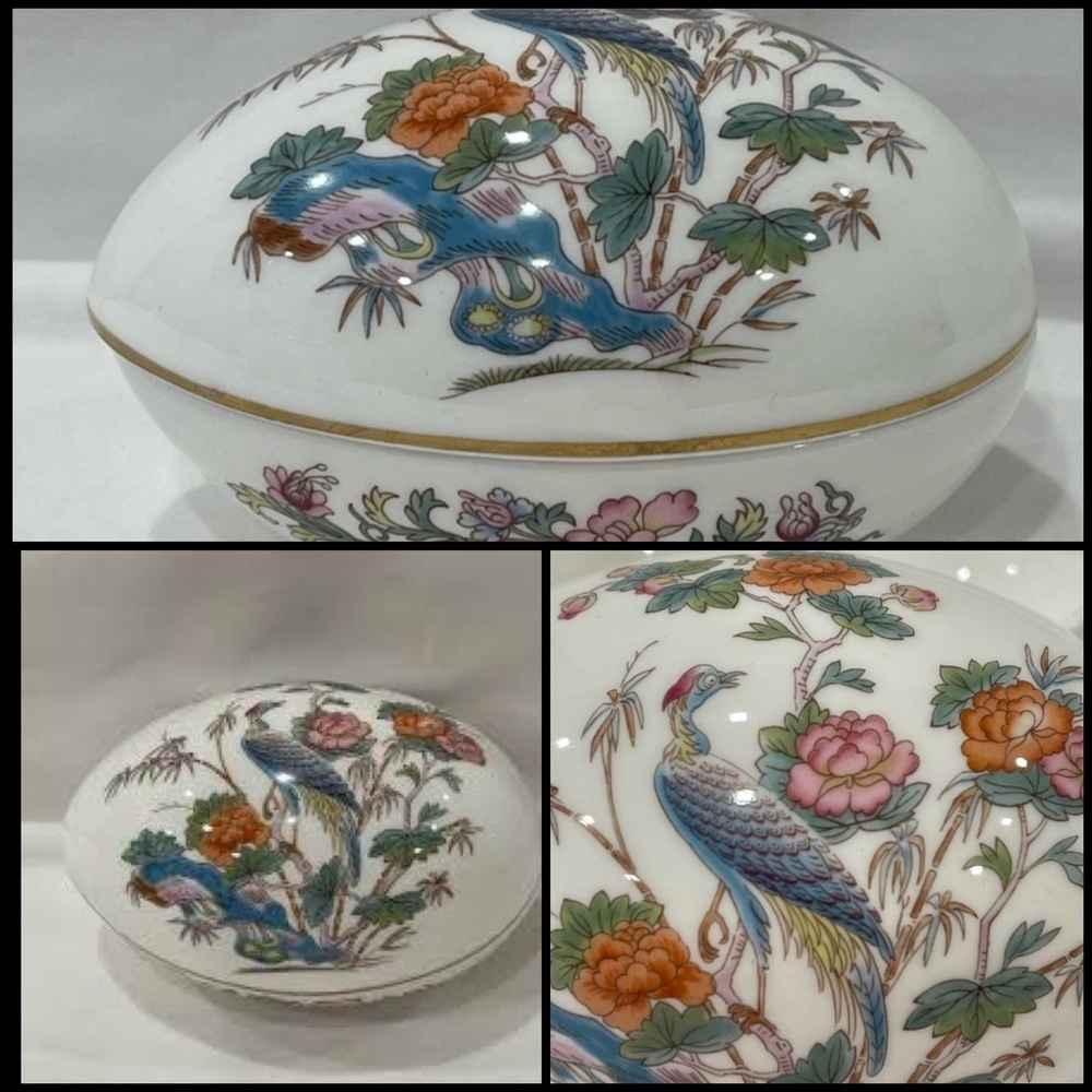 Vintage Wedwood Kutani Bone China Made In England Crane Trinket Egg Box 5”x 3”